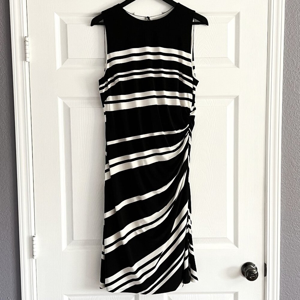 Lauren Ralph Lauren black & white striped ruched sheath sleeveless dress size 16
